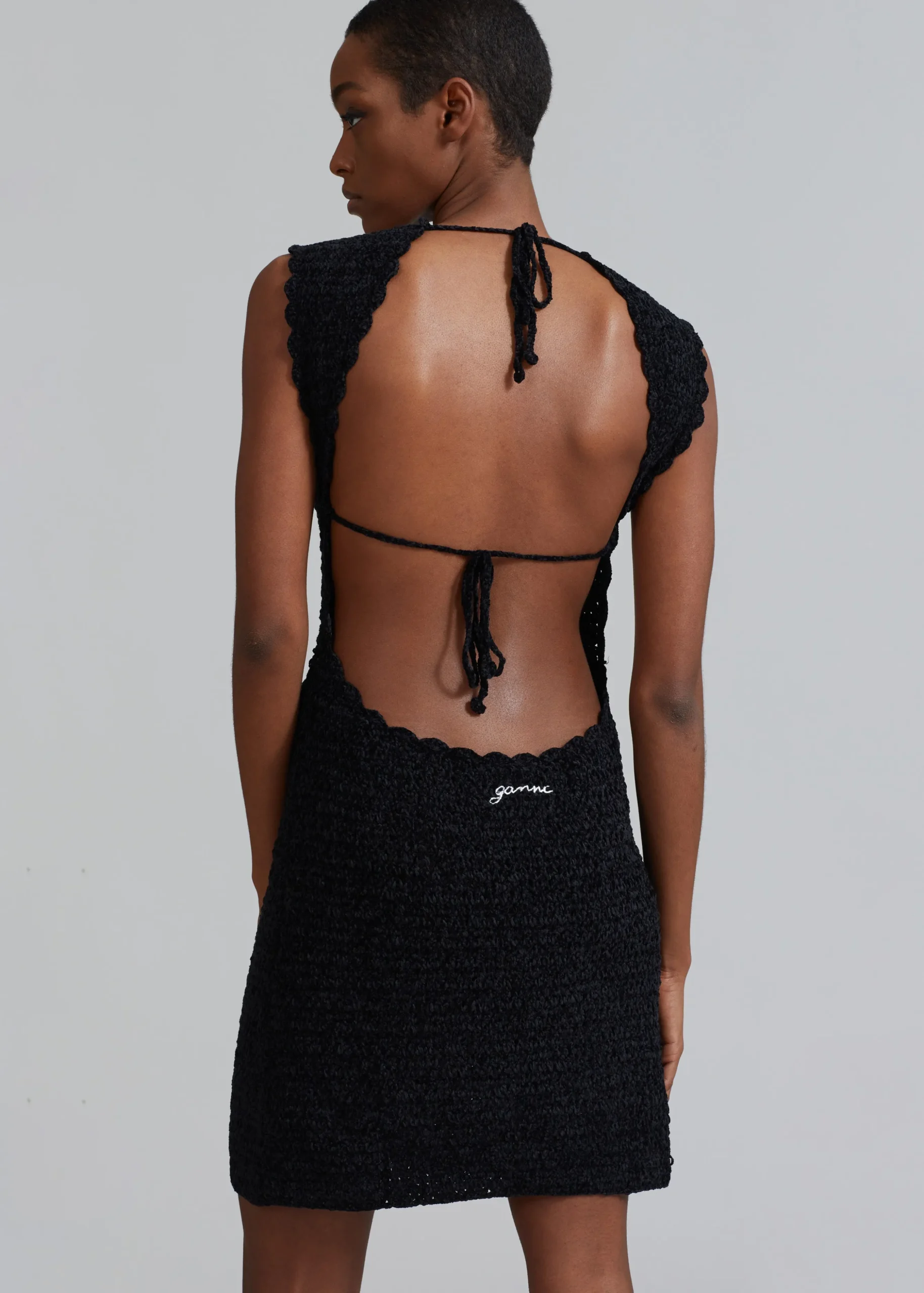 Ganni Velvet Crochet Open Back Mini Dress
