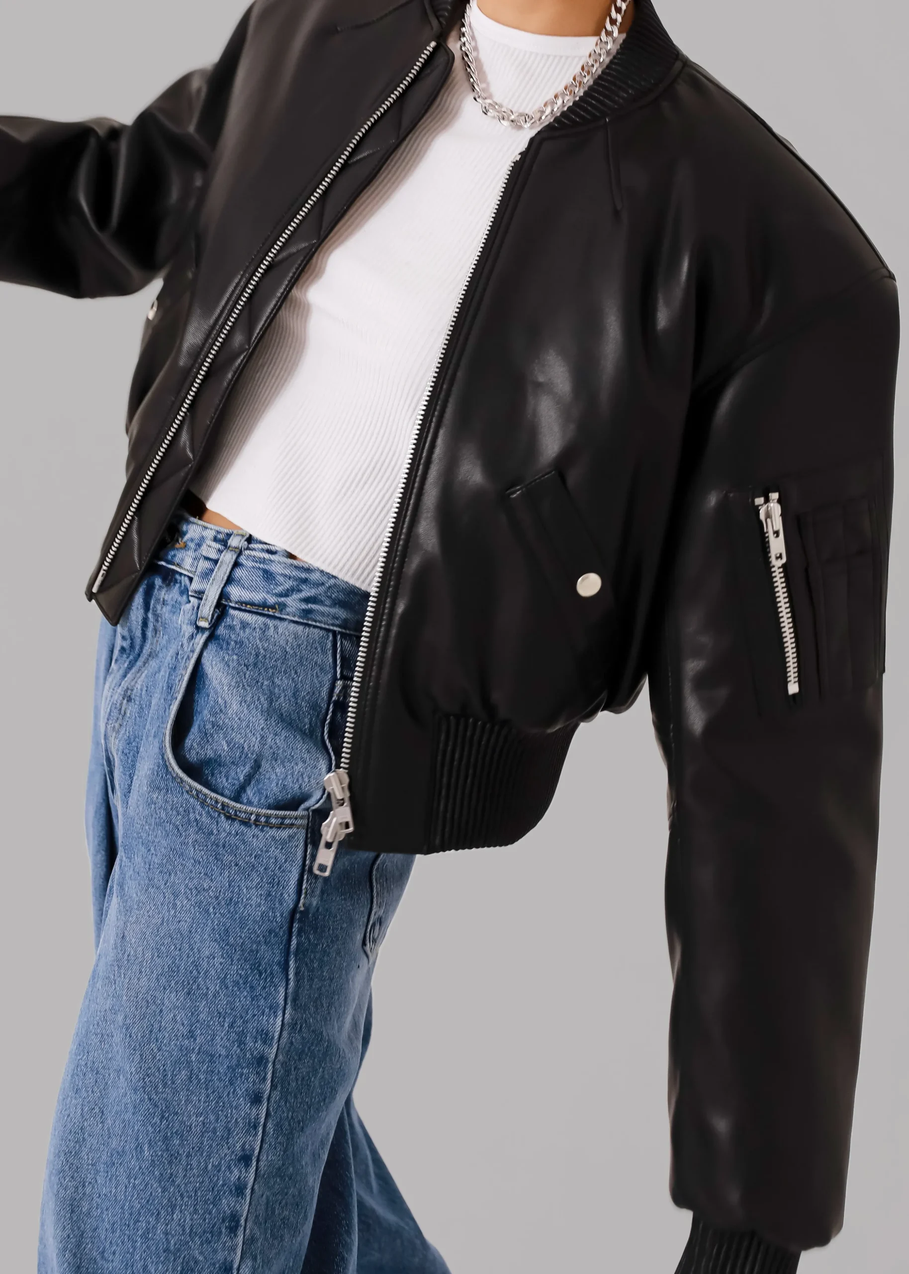 Sille Faux-Leather Cropped Bomber