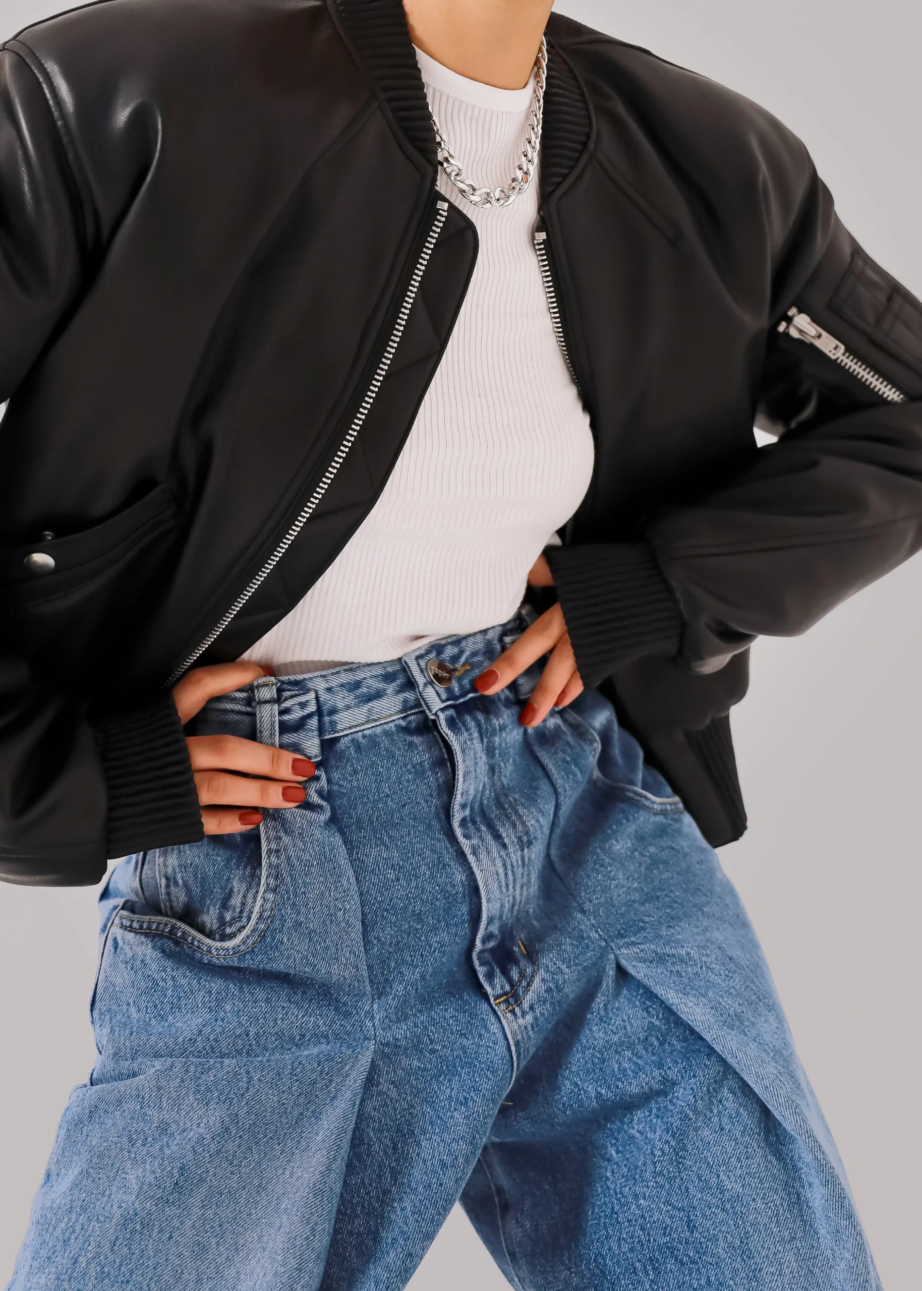 Sille Faux-Leather Cropped Bomber