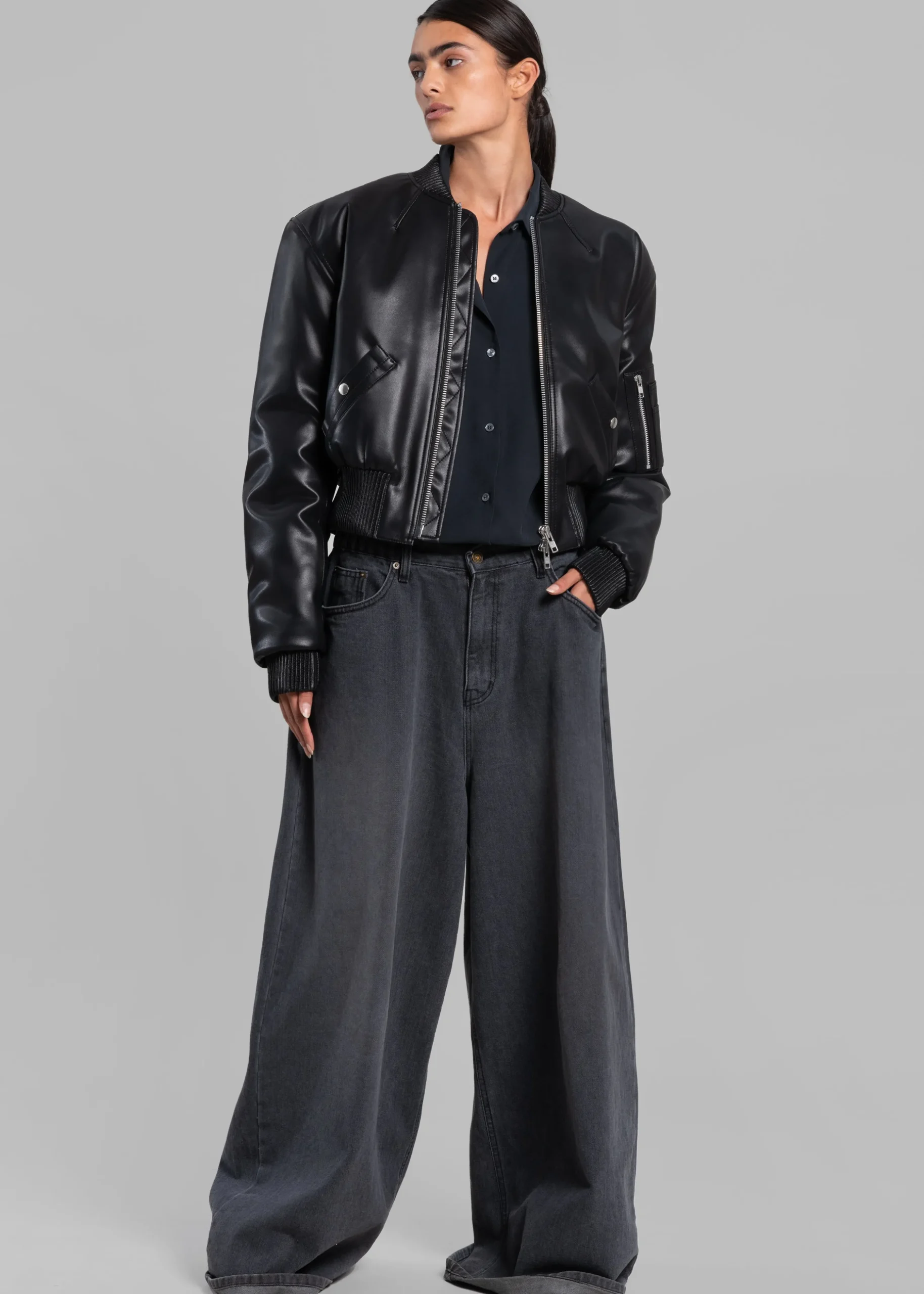 Sille Faux-Leather Cropped Bomber